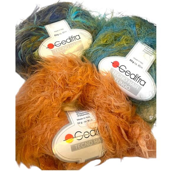 3 skeins Gedifra TECNO HAIR LUNGO Eyelash Yarn | Purple, Green, Orange - Picture 2 of 8